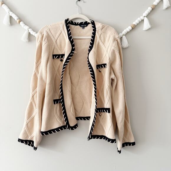 NEW Misook Contrast Trim Knit Jacket Textural Cable Knit Biscotti Black Size XL - Picture 9 of 10